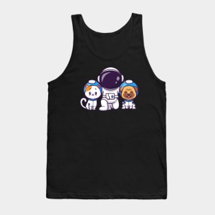 Cute Astronaut With Cat And Pug Dog Cartoon Tank Top